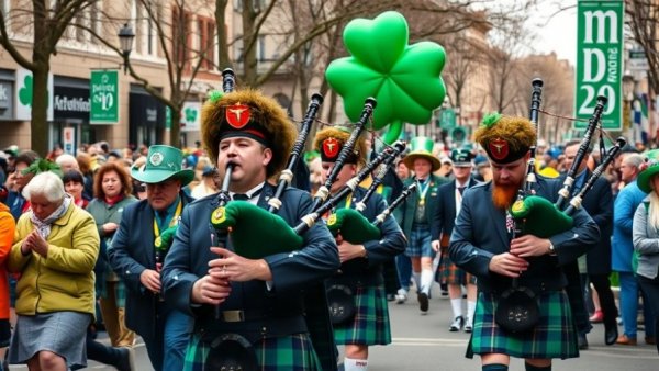 Lively St. Patrick's Day parade in Columbus with bagpipers.