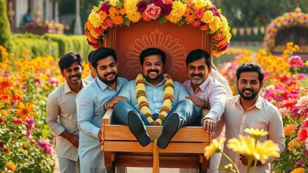 Luxurious scene with men carrying a man in a flower-adorned palanquin, embodying luxury expenses for happy investing.