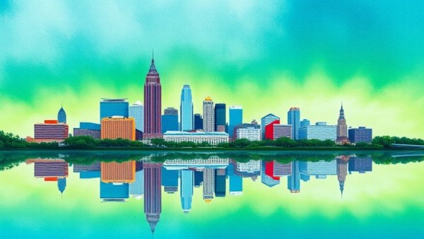 Watercolor skyline of Columbus, Ohio reflecting in water at family-friendly events.