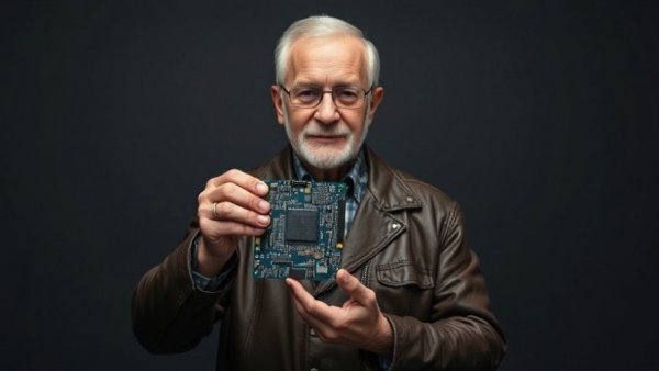 Man in leather jacket presenting computer chip, highlighting Nvidia networking business growth.