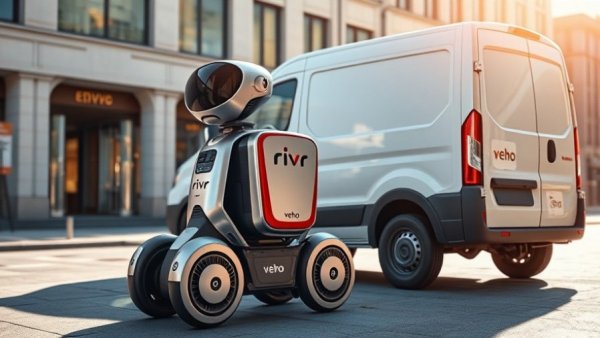 Amazon acquires Rivr delivery robots shown next to a white van.