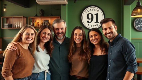 Friendly group inside Flavor 91 Bistro Columbus with green logo wall.