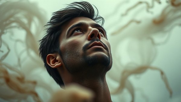 Reflective man contemplating purpose in ethereal scene.