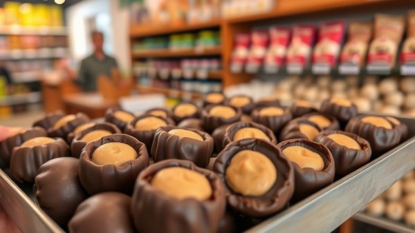 Buckeye Candy in Columbus displayed on a tray in a shop.