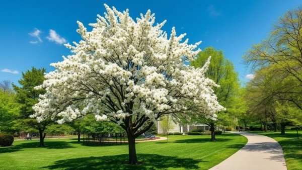 Bradford Pear tree in full bloom with white blossoms and blue sky in Columbus park.