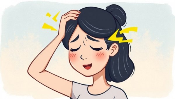Cartoon woman experiencing migraine pain with abstract background.