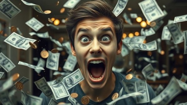Frantic young man overwhelmed by flying money, showcasing panic and financial decision making.