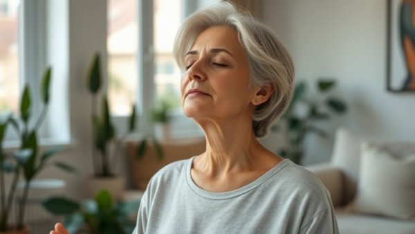 Relaxed woman practicing breathing exercises for COPD in a serene room.