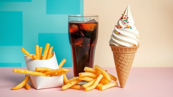 Unhealthy foods like fries, soda, and ice cream shown in colorful squares.
