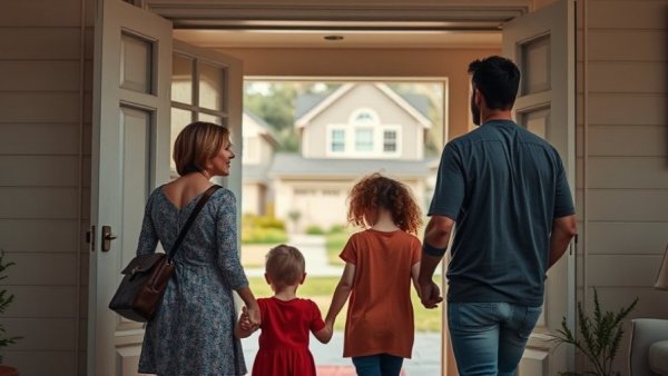 Family dealing with divorce; mother leaving with children, father at door.