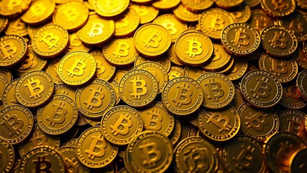 Stylized Bitcoin symbols in chaotic overlap, illustrating digital finance.