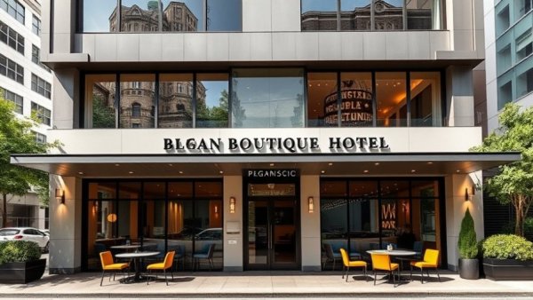 Elegant exterior of the best boutique hotel in Columbus with patio seating.