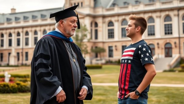Professor conversing with student in American flag shirt on university lawn.