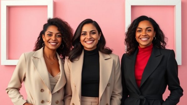 Three confident women smiling against a pink backdrop.