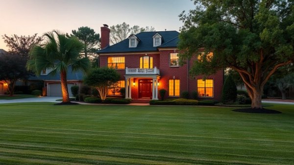 Elegant two-story brick home in suburban Columbus, dusk setting.