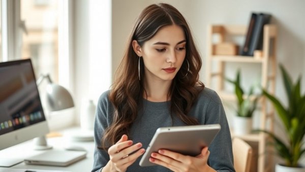 Young woman considers starting a business, holding a tablet at a desk.