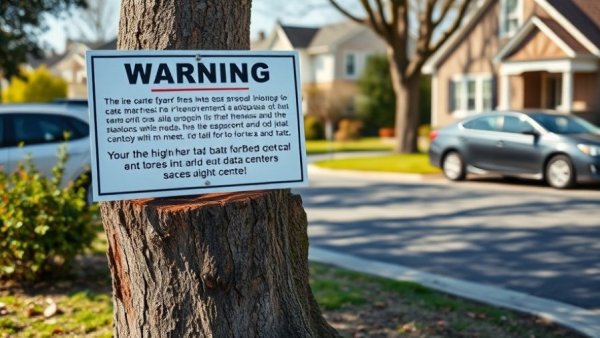 Warning sign against data centers in suburban Ashville setting.