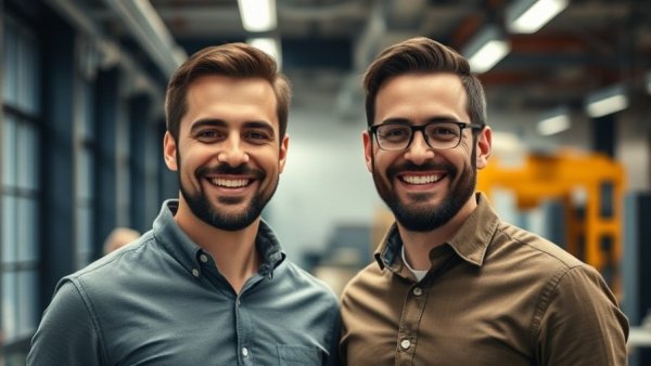 Two men smiling in a modern office setting.