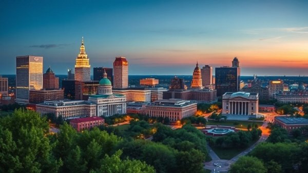 Scenic view of Columbus city skyline with park at dusk.