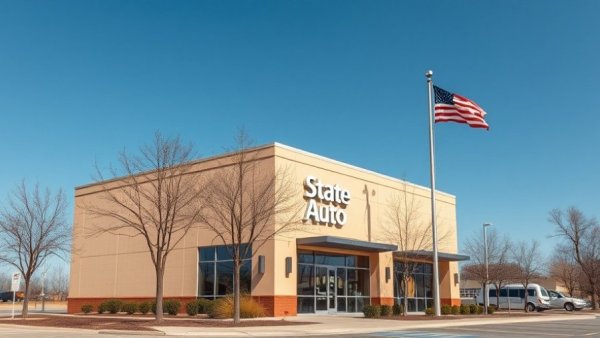State Auto building with signage against blue sky, mid-afternoon.