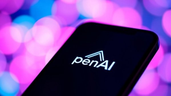 Close-up of smartphone with OpenAI logo, vibrant background