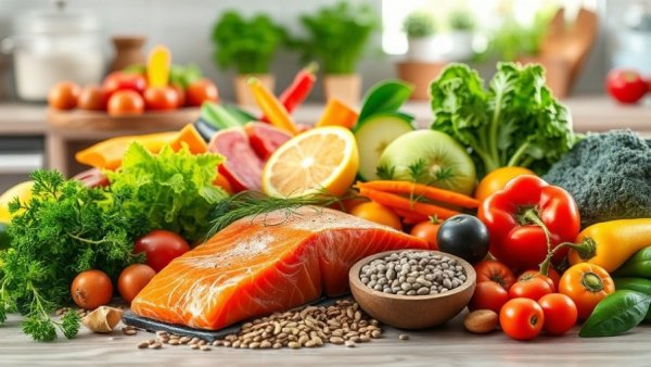 Colorful whole-foods assortment highlighting diet benefits.