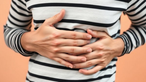 Person holding stomach, showing discomfort related to colon cancer symptoms.