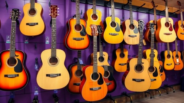 Vibrant display of acoustic guitars for sale in a music store, showcasing options for best places to sell musical instruments for cash.