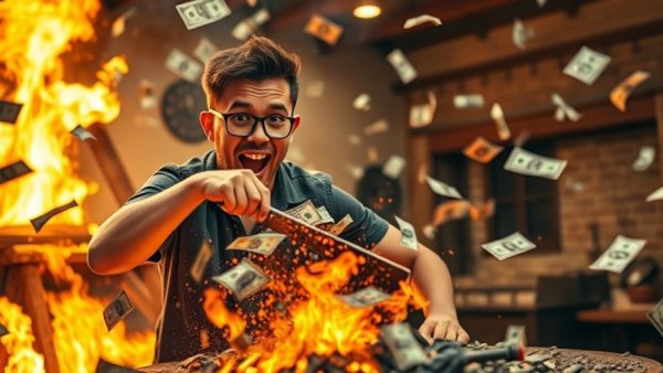 Energetic man investing aggressively, money flying around.