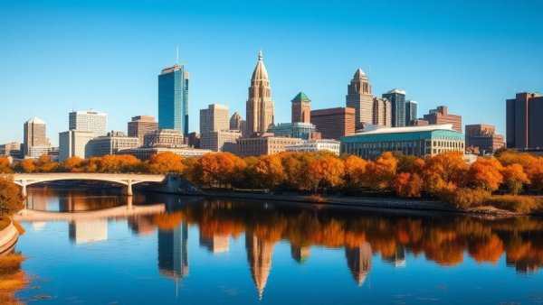 Columbus skyline reflecting in river with autumn colors.