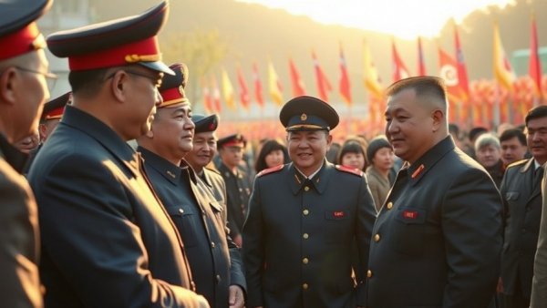North Korea ceremonial event with officials engaging public, warm lighting.