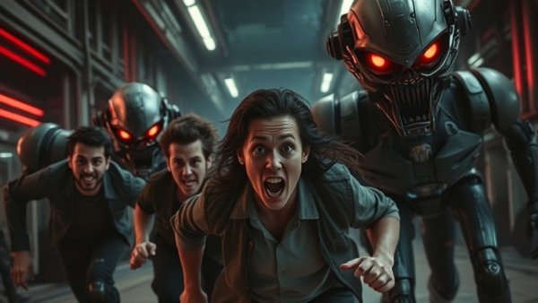 Humans fleeing from terrifying robots illustrating AI risks