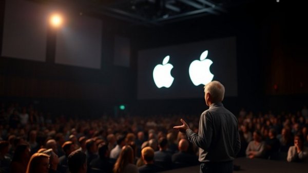 Tim Cook presenting Apple logo on stage, highlighting Apple CEO legacy.