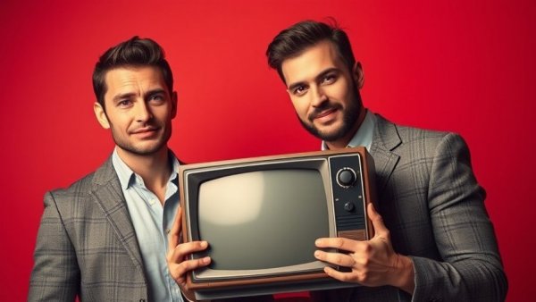 Columbus filmmaking duo showcasing vintage TV with red background.