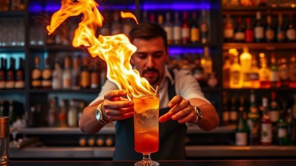 Bartender crafting flaming cocktail at Ocean Prime.