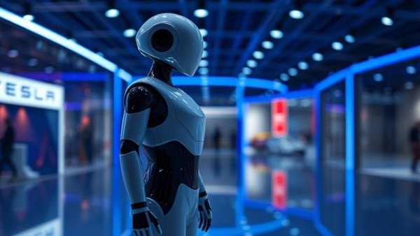 Futuristic Tesla robot in a showroom, $25 billion spending plan.