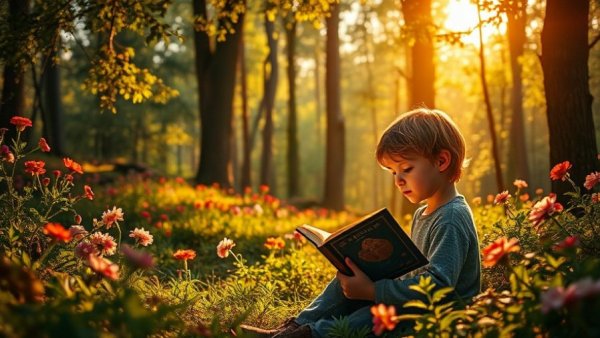 Young boy enjoying peace reading in a magical forest.