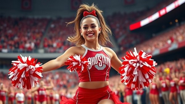Ohio State dancer performs energetically in stadium.