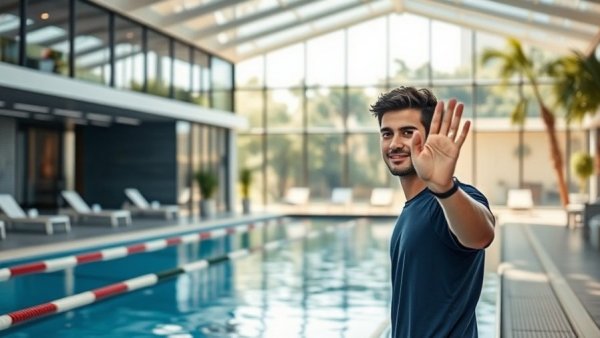 Young man leaving sports club, waving goodbye at the pool.