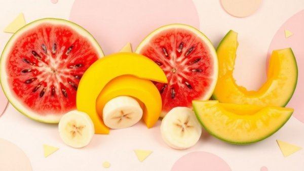 Assorted low-acid fruits, sliced for digestive and dental health, on pastel background.
