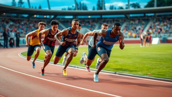 Sprinters racing intensely on a track with spectators in the background.