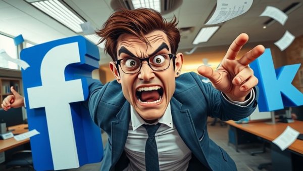 Email with Meta's Severance Package Offer - Comic scene with cartoon Facebook logo.