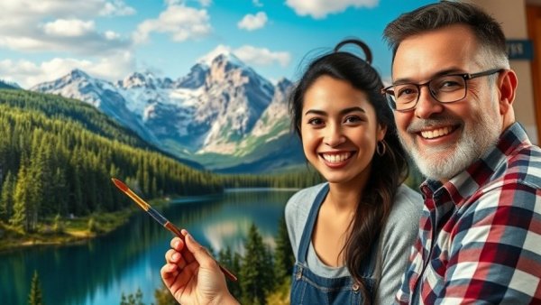 Joyful artist painting vibrant mountain with Bob Ross Paint Along Bexley.