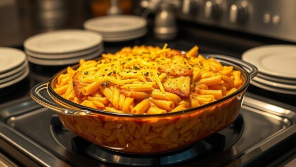 Johnny Marzetti casserole in Columbus on stovetop with cheese topping.