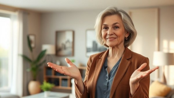 Confident listing agent gesturing in modern living room