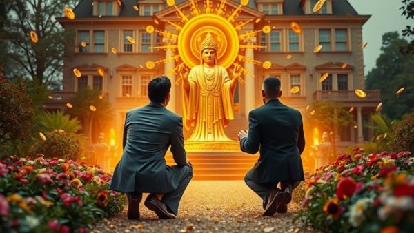 People kneeling before a golden deity symbolizing stock market gains.