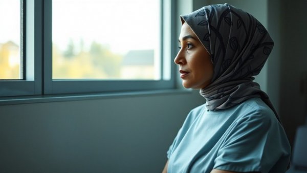Woman in hospital gown considering mastectomy vs. lumpectomy for younger women.