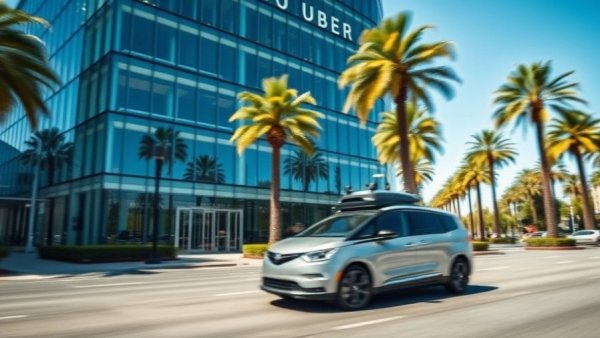 Modern Uber headquarters with self-driving car passing by, urban scene.