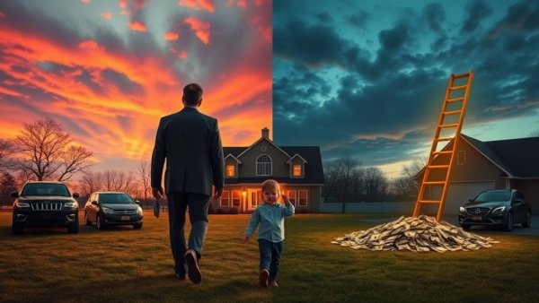 Balancing career and fatherhood illustrated with a dramatic split scene.