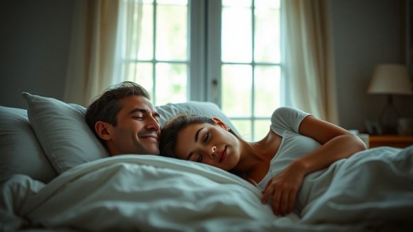 Couple peacefully sleeping in a cozy bed, illustrating tips for sleeping better when sharing a bed.